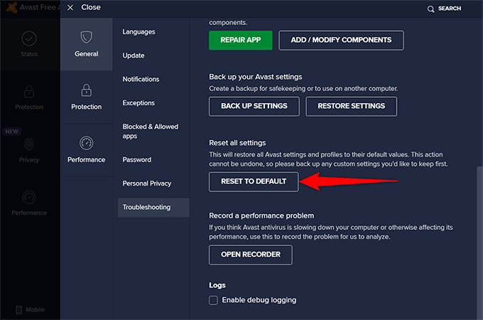 reset avast to defaults