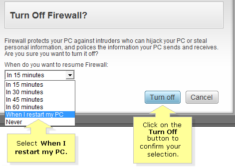 set time to turn off mcafee firewall