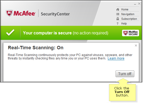 turn off mcafee real time scanning