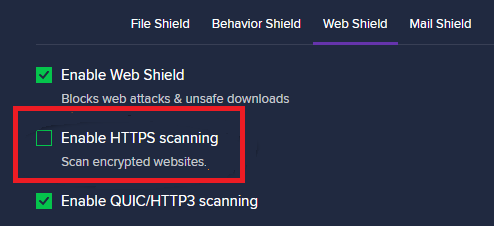 disable HTTPS scanning