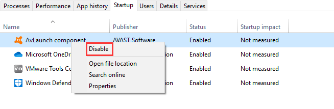 disable avast from startup